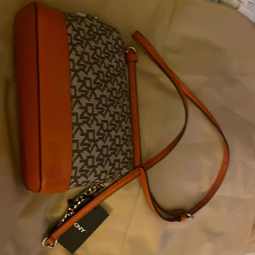 DKNY Bryant Park Dome Crossbody Bag Brown Gold Chain Detail Small